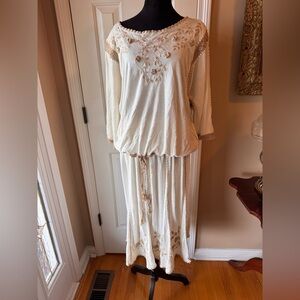Off White & Tan Embroidered Blouse & Skirt handcrafted in the Philippines NWT